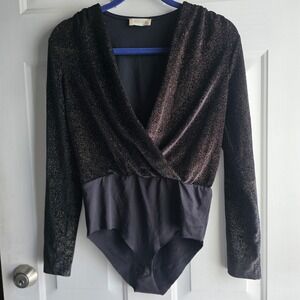 Altar'd State Black Gold Metallic Shimmer Surplice Bodysuit Small